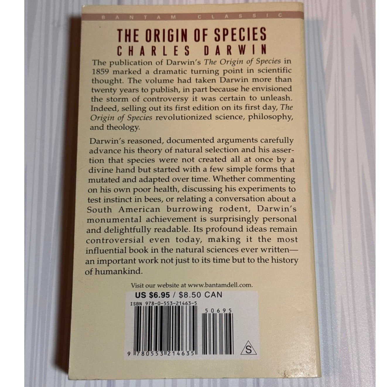 The Origin of Species Charles Darwin Bantam Classics Paperback Science Book